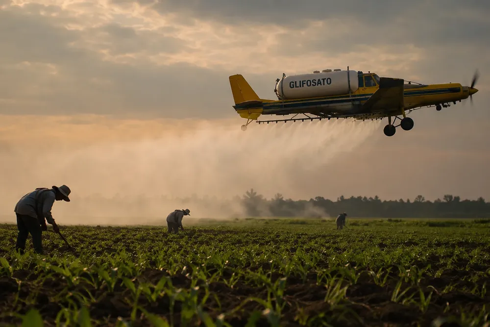 Avión fumigador sobre el campo al amanecer